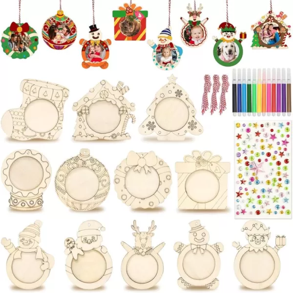 imageOurWarm 24Pcs Christmas Picture Frame Ornament Unfinished Wooden Photo Ornaments to Paint with stickers and Colored Markers DIY Personalized Wood Ornaments Making Kit for Tree Home Decorations