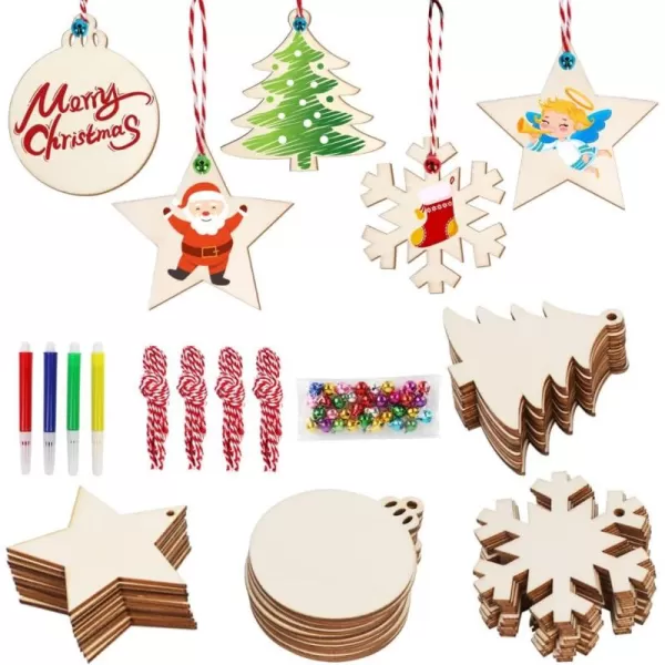 imageOurWarm 40pcs Wooden Christmas Ornaments Crafts for Kids DIY Christmas Crafts Ornament Making Kit Unfinished Wood Slices with Holes Hanging Christmas Centerpieces Decorations 4 Styles