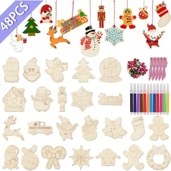 imageOurWarm 60PCS Unfinished Wooden Christmas Ornaments 12 Styles DIY Blank Wood Ornaments Crafts Kit with Colored Markers to Paint Christmas Tree Decorations Holiday Gift for Kids Adults48