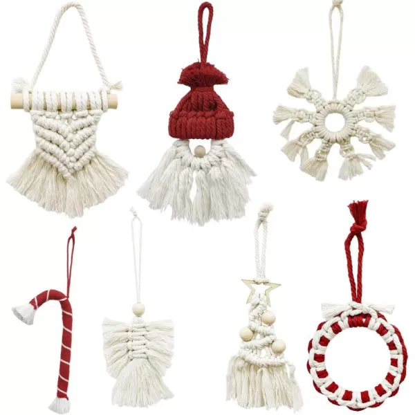 imageOurWarm 7Pcs Macrame Christmas Tree Ornaments Hanging Macrame Kit Christmas Tree Decorations Snowflakes Santa Claus Candy Cane Macrame Decor Boho Christmas Ornaments for Christmas Tree Decor