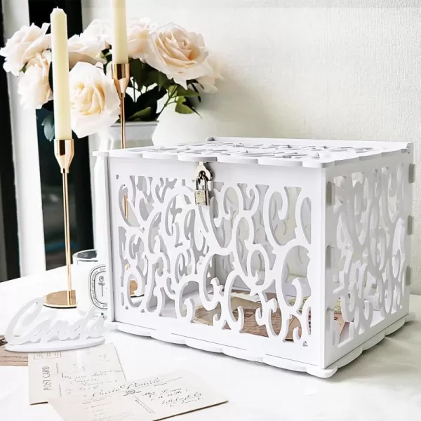 imageOurWarm DIY White Wedding Card Box with Lock PVC Card Box Graduation Card Box Perfect for Weddings Baby Showers Birthdays Bridal or Baby Showers1White