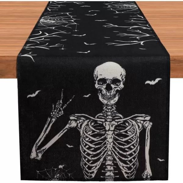 imageOurWarm Halloween Table Runner 72 Inches Long Vintage Skull bat Black Burlap Halloween Table Runners Skeleton Burlap Day of Dead Table Decor for Kitchen Holiday Indoor Home PartyKLBY