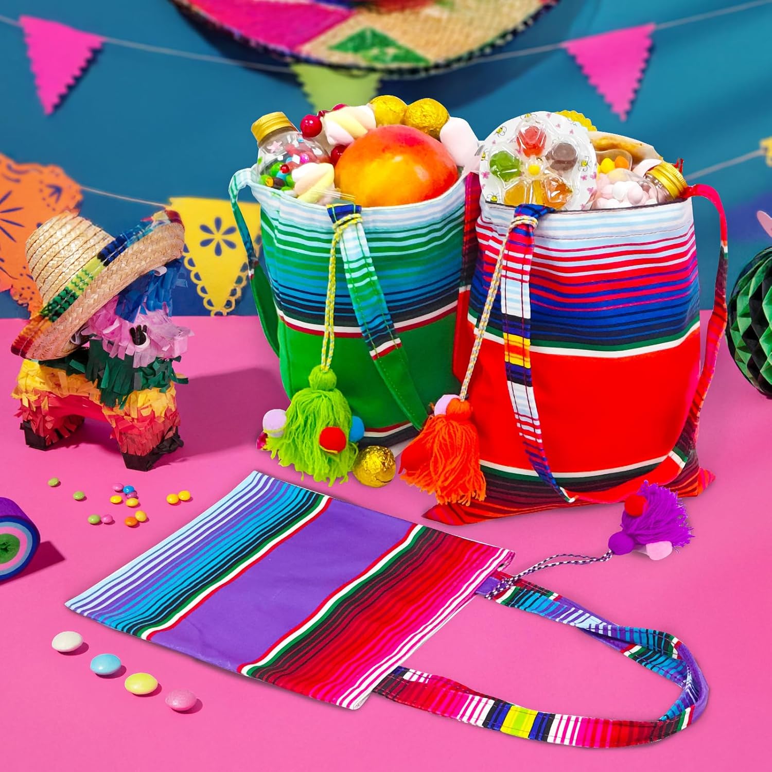 imageOurWarm 10 x 8 Inches Handwoven Mexican Tote Favor Bags Mexican Fiesta Party Bag with Colorful Tassels for Mexican Party Decorations Fiesta party supplies Set of 6