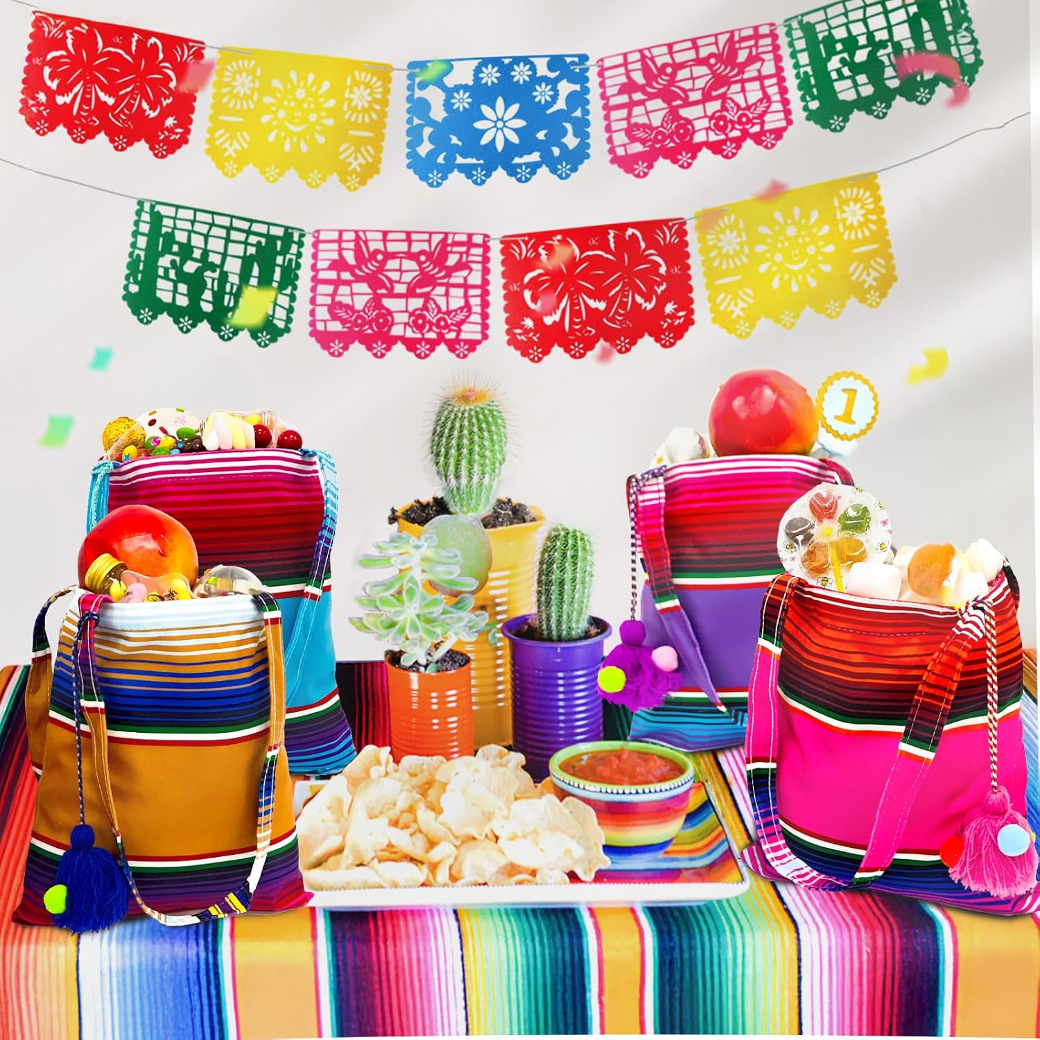 imageOurWarm 10 x 8 Inches Handwoven Mexican Tote Favor Bags Mexican Fiesta Party Bag with Colorful Tassels for Mexican Party Decorations Fiesta party supplies Set of 6
