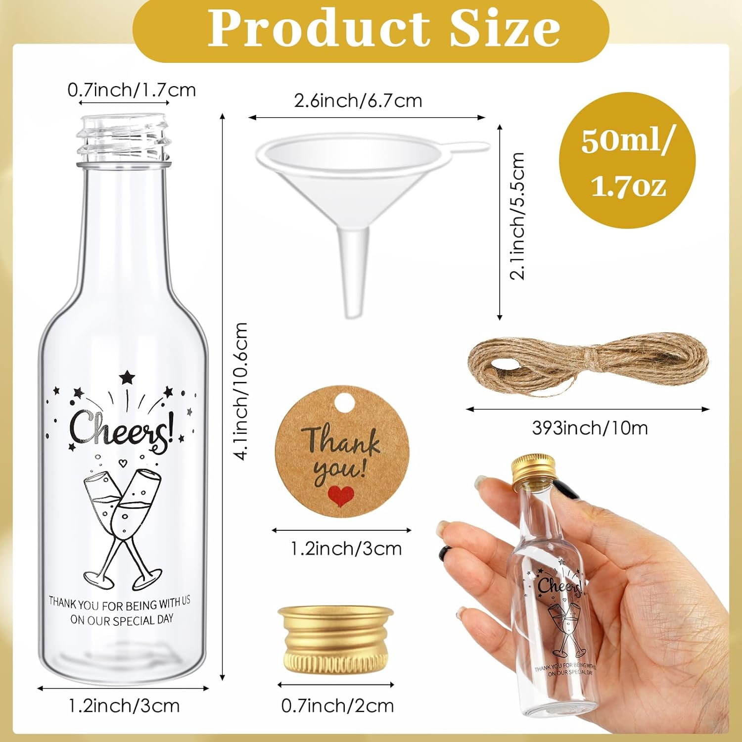 imageOurWarm 50 Pack Mini Liquor Bottles 17oz50ml Mini Wine Bottles with Gold Screw Caps Funnels Tags and Ropes Empty Shot Bottles for Wine Juice Alcohol Homemade Liquor Birthday Wedding Party FavorsMini Liquor Bottles