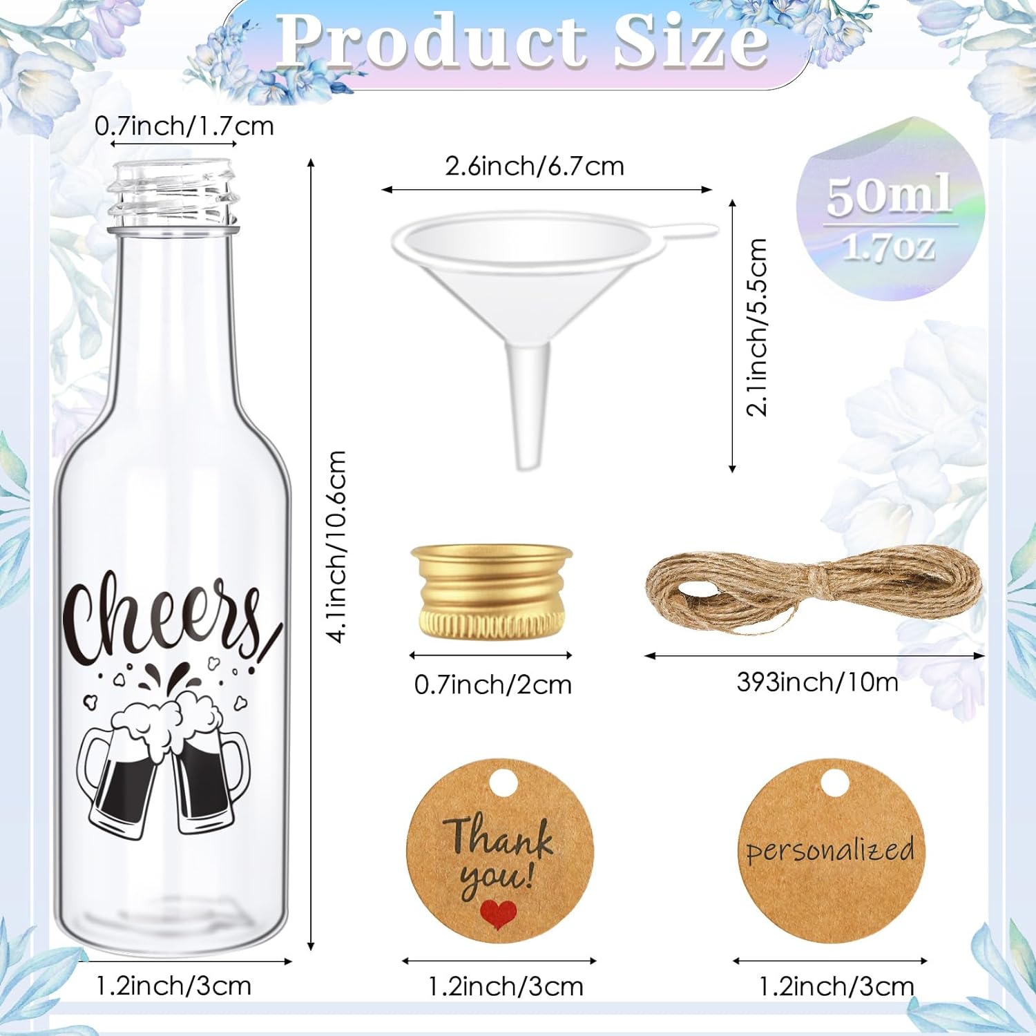 imageOurWarm 50 Pack Mini Liquor Bottles 17oz50ml Mini Wine Bottles with Gold Screw Caps Funnels Tags and Ropes Empty Shot Bottles for Wine Juice Alcohol Homemade Liquor Birthday Wedding Party FavorsMini Shot Bottles