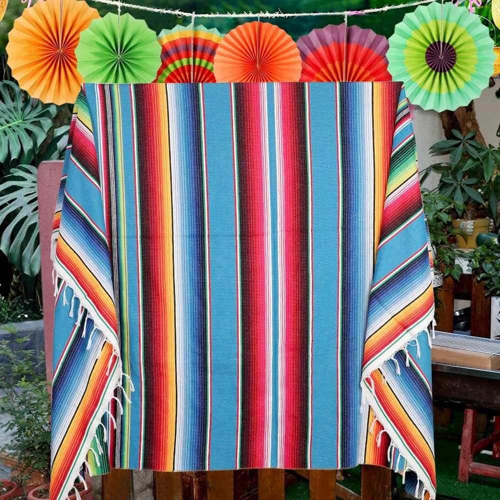 imageOurWarm 59 x 84 Inch Mexican Tablecloth Serape Blanket for Mexican Party Wedding Decorations Large Square Cotton Fringe Table Cloth Colorful Mexican Blanket Outdoor Fiesta Table Cover Picnic Blue