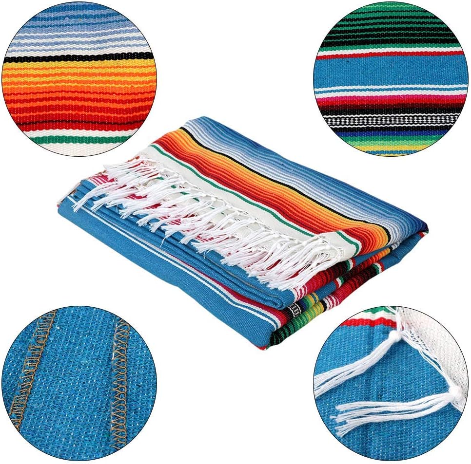 imageOurWarm 59 x 84 Inch Mexican Tablecloth Serape Blanket for Mexican Party Wedding Decorations Large Square Cotton Fringe Table Cloth Colorful Mexican Blanket Outdoor Fiesta Table Cover Picnic Blue