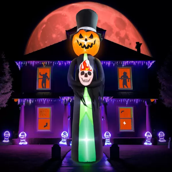 imageOurWarm 12FT Halloween Inflatables Outdoor Decorations Large Pumpkin Reaper Skull Halloween Blow Up Yard Decorations with LED Light Holiday Halloween Outdoor Garden Lawn Party Decor Outside