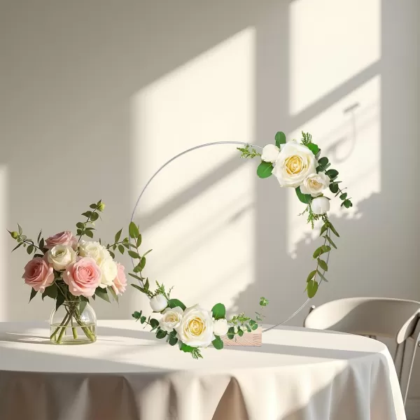 imageOurWarm 12Pcs 12 Inch Floral Hoop Centerpiece with Stand for Table Metal Center Pieces with Wood Base Gold Circle Centerpieces for Wedding Reception DIY Table Centerpieces Wall Hanging CraftsSilver