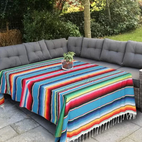 imageOurWarm 59 x 84 Inch Mexican Tablecloth Serape Blanket for Mexican Party Wedding Decorations Large Square Cotton Fringe Table Cloth Colorful Mexican Blanket Outdoor Fiesta Table Cover Picnic Blue
