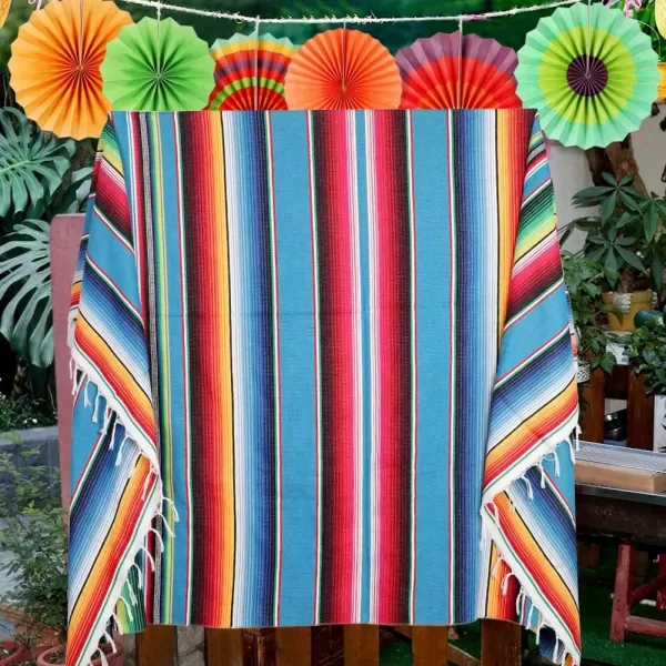 imageOurWarm 59 x 84 Inch Mexican Tablecloth Serape Blanket for Mexican Party Wedding Decorations Large Square Cotton Fringe Table Cloth Colorful Mexican Blanket Outdoor Fiesta Table Cover Picnic Blue