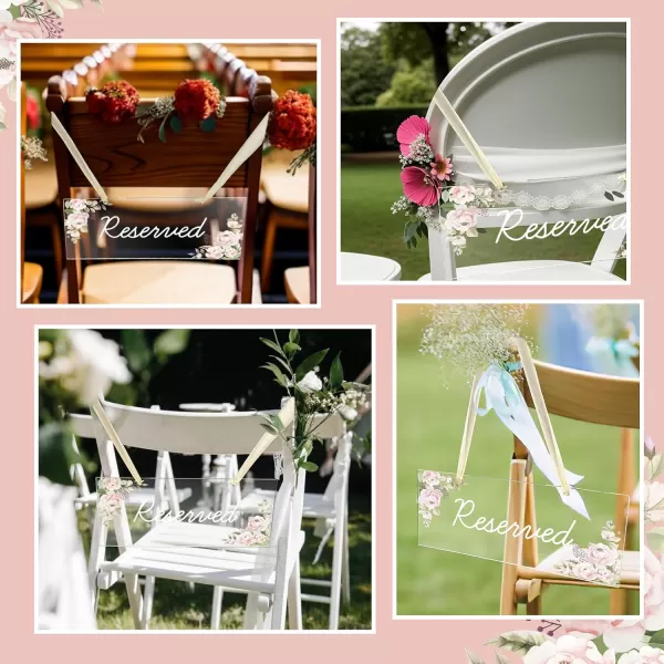 imageOurWarm 6 Pack Reserved Signs for Wedding Chairs Hanging Acrylic Reserved Table Signs Greenery Reserved Seating Signs with Ribbon for Wedding Church Pews Restaurant CelebrationsPink Rose