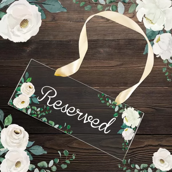 imageOurWarm 6 Pack Reserved Signs for Wedding Chairs Hanging Acrylic Reserved Table Signs Greenery Reserved Seating Signs with Ribbon for Wedding Church Pews Restaurant CelebrationsWhite Rose