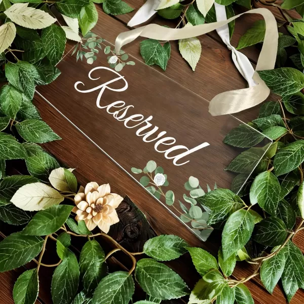 imageOurWarm 6 Pack Reserved Signs for Wedding Chairs Hanging Acrylic Reserved Table Signs Greenery Reserved Seating Signs with Ribbon for Wedding Church Pews Restaurant CelebrationsEucalyptus