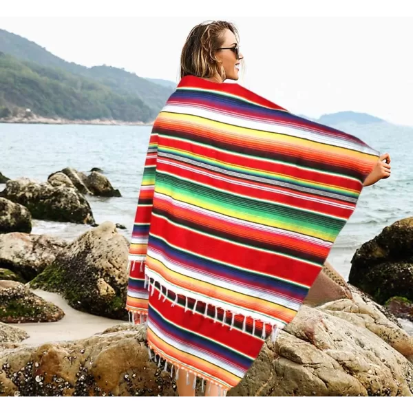 imageOurWarm 84 X 59 Inch Mexican Tablecloth Serape Blanket Upgraded Mexican Blankets with Pom Pom Trim for Mexican Party Wedding Cinco De Mayo Fiesta Decorations Large Outdoor Fiesta Table Cover Picnic