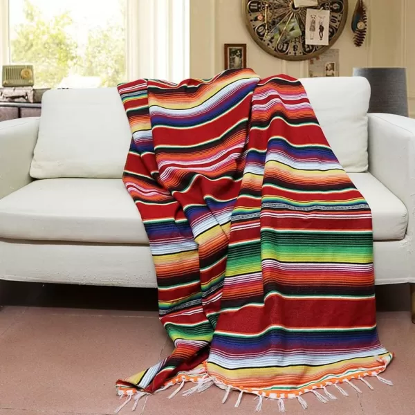 imageOurWarm 84 X 59 Inch Mexican Tablecloth Serape Blanket Upgraded Mexican Blankets with Pom Pom Trim for Mexican Party Wedding Cinco De Mayo Fiesta Decorations Large Outdoor Fiesta Table Cover Picnic