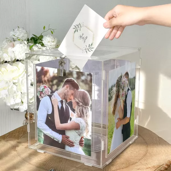 imageOurWarm Acrylic Wedding Card Box with Picture Frame for 8x10 Photos Large Rotatable Envelope Post Money Gift Box Holder with Lock Slot for Reception Anniversary Graduation Birthday Party Baby ShowerLarge