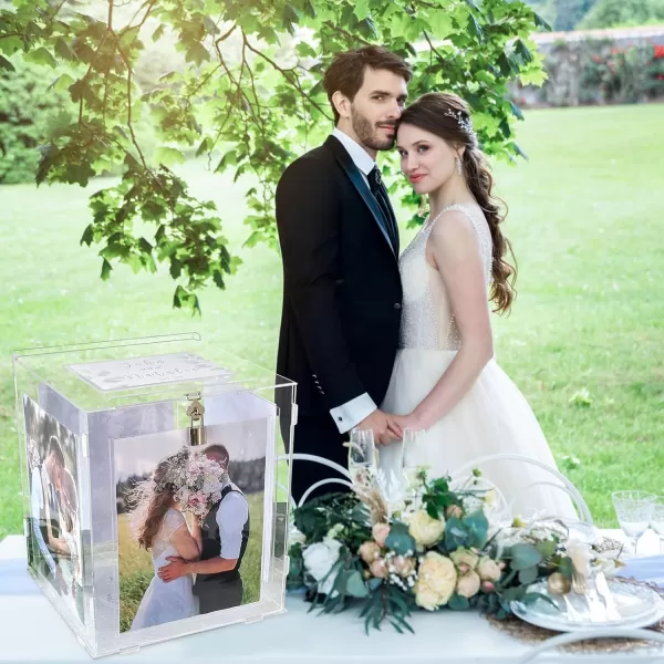 imageOurWarm Acrylic Wedding Card Box with Picture Frame for 8x10 Photos Large Rotatable Envelope Post Money Gift Box Holder with Lock Slot for Reception Anniversary Graduation Birthday Party Baby ShowerLarge