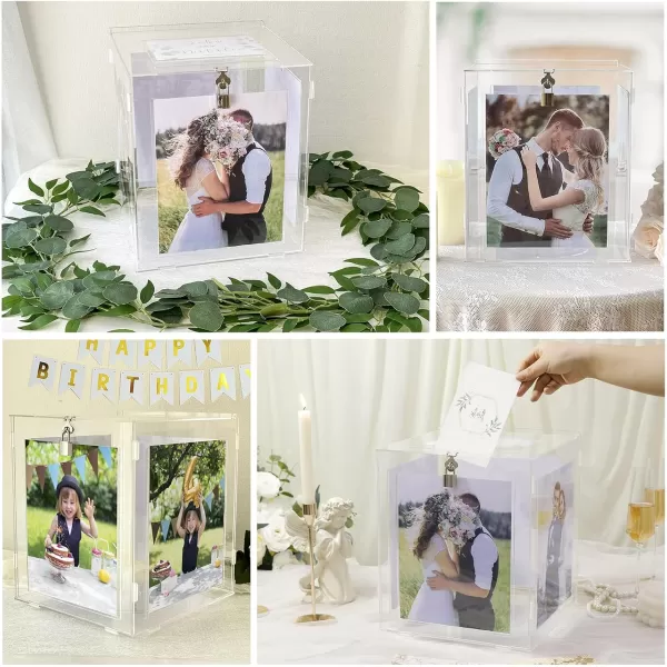 imageOurWarm Acrylic Wedding Card Box with Picture Frame for 8x10 Photos Large Rotatable Envelope Post Money Gift Box Holder with Lock Slot for Reception Anniversary Graduation Birthday Party Baby ShowerLarge