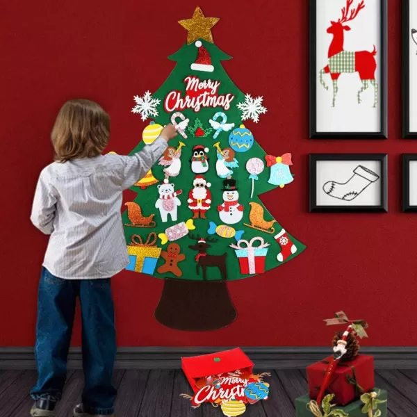 imageOurWarm DIY Felt Christmas Tree for Kids 35ft Felt Christmas Tree Set with 30pcs Glitter Ornaments and Gift Storage Bag for Kids Wall Hanging Xmas Gifts Christmas Decorations