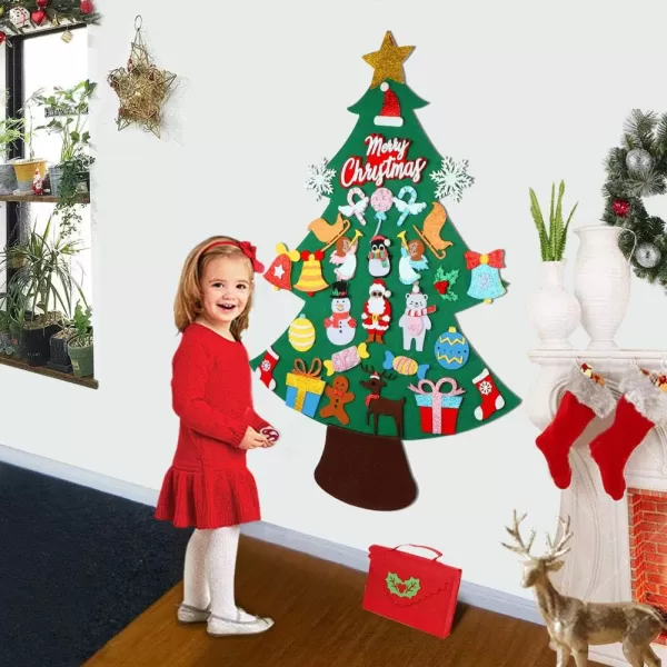 imageOurWarm DIY Felt Christmas Tree for Kids 35ft Felt Christmas Tree Set with 30pcs Glitter Ornaments and Gift Storage Bag for Kids Wall Hanging Xmas Gifts Christmas Decorations