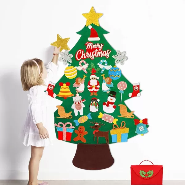 imageOurWarm DIY Felt Christmas Tree for Kids 35ft Felt Christmas Tree Set with 30pcs Glitter Ornaments and Gift Storage Bag for Kids Wall Hanging Xmas Gifts Christmas Decorations