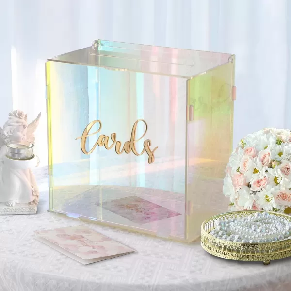 imageOurWarm Iridescent Acrylic Wedding Card Box with String Light DIY Gift Card Box for Wedding Reception Wedding Envelope Money Card Box Holder for Party Graduation Baby Shower Birthday Decorations