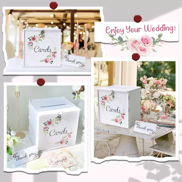 imageOurWarm PVC White Wedding Card Box with Lock DIY Gift Card Box for Wedding Reception Pink Rose Wedding Money Envelope Box for Party Graduation Birthday Baby Shower Decorations