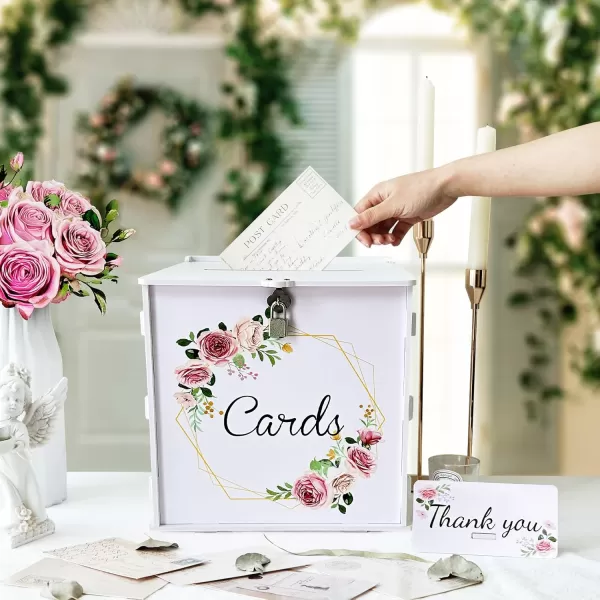 imageOurWarm PVC White Wedding Card Box with Lock DIY Gift Card Box for Wedding Reception Pink Rose Wedding Money Envelope Box for Party Graduation Birthday Baby Shower Decorations