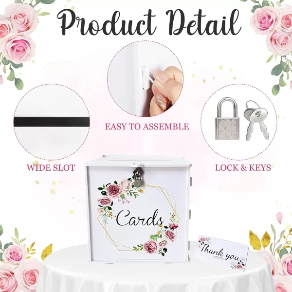 imageOurWarm PVC White Wedding Card Box with Lock DIY Gift Card Box for Wedding Reception Pink Rose Wedding Money Envelope Box for Party Graduation Birthday Baby Shower Decorations