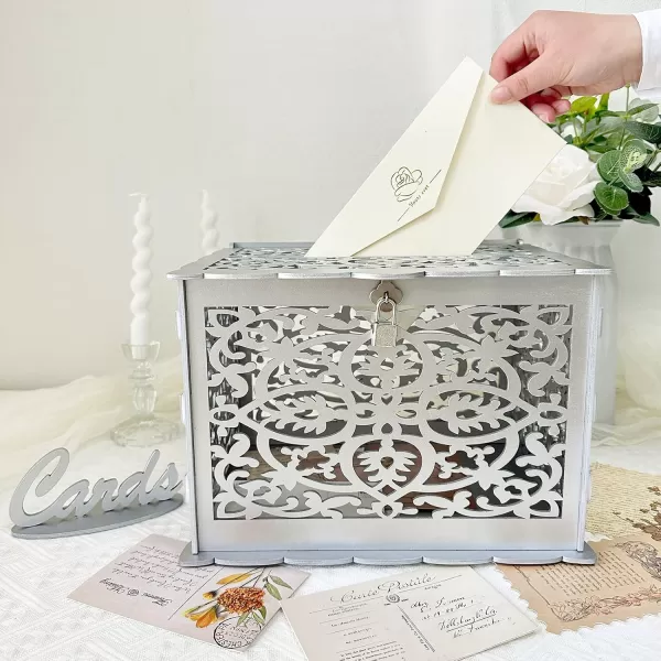 imageOurWarm Silver Wedding Card Box for Wedding Reception Wooden Card Boxes with Lock PVC Gift Card Box Money Holder for Reception Anniversary Shower Rustic Wedding Decorations Birthday Graduation