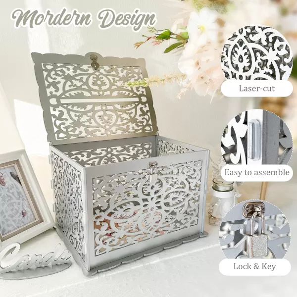 imageOurWarm Silver Wedding Card Box for Wedding Reception Wooden Card Boxes with Lock PVC Gift Card Box Money Holder for Reception Anniversary Shower Rustic Wedding Decorations Birthday Graduation