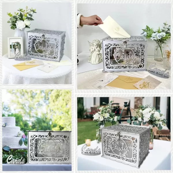 imageOurWarm Silver Wedding Card Box with Lock Wood Gift Card Box Holder with Clear Window and String Light Design DIY Envelope Money Card Box for Wedding Reception Birthday Party Graduation Decorations