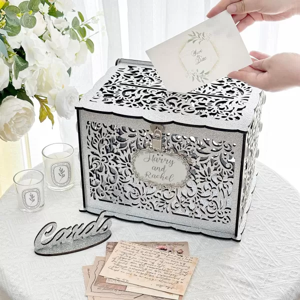 imageOurWarm Wedding Card Box with Window Brown Wooden Box Wedding Decorations for Reception Money Index Card Box for Wedding Bridal Shower Decorations Rustic Wedding Decor Party DecorationsSilver