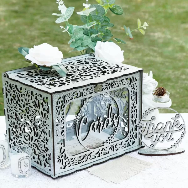 imageOurWarm White Wedding Card Box with Lock PVC Gift Card Box for Wedding Reception Eucalyptus DIY Wedding Envelope Money Card Box for Party Graduation Birthday Baby Shower DecorationsSilver glitter