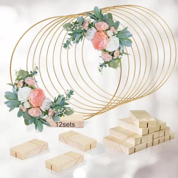 imageOurWarm 12Pcs 12 Inch Floral Hoop Centerpiece with Stand for Table Metal Center Pieces with Wood Base Gold Circle Centerpieces for Wedding Reception DIY Table Centerpieces Wall Hanging CraftsGold