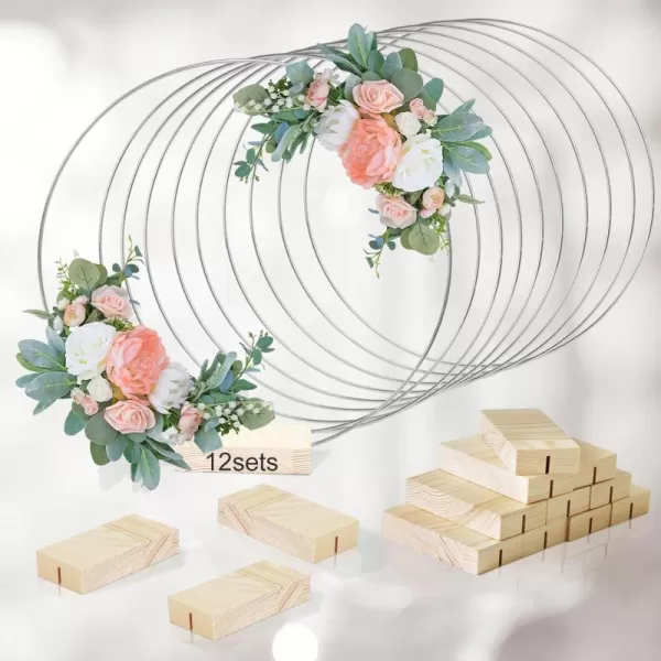 imageOurWarm 12Pcs 12 Inch Floral Hoop Centerpiece with Stand for Table Metal Center Pieces with Wood Base Gold Circle Centerpieces for Wedding Reception DIY Table Centerpieces Wall Hanging CraftsSilver