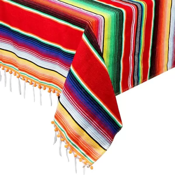 imageOurWarm 84 X 59 Inch Mexican Tablecloth Serape Blanket Upgraded Mexican Blankets with Pom Pom Trim for Mexican Party Wedding Cinco De Mayo Fiesta Decorations Large Outdoor Fiesta Table Cover Picnic