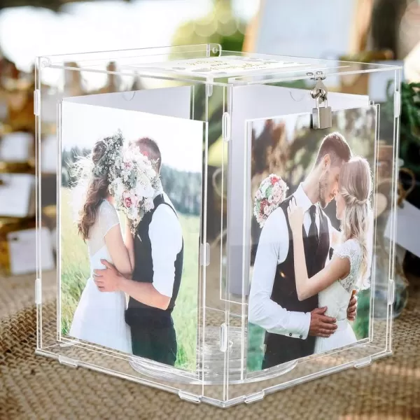 imageOurWarm Acrylic Wedding Card Box with Picture Frame for 8x10 Photos Large Rotatable Envelope Post Money Gift Box Holder with Lock Slot for Reception Anniversary Graduation Birthday Party Baby ShowerLarge