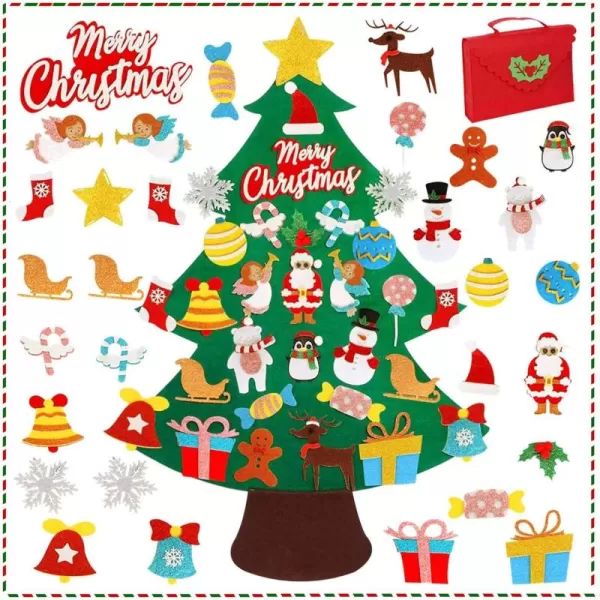 imageOurWarm DIY Felt Christmas Tree for Kids 35ft Felt Christmas Tree Set with 30pcs Glitter Ornaments and Gift Storage Bag for Kids Wall Hanging Xmas Gifts Christmas Decorations