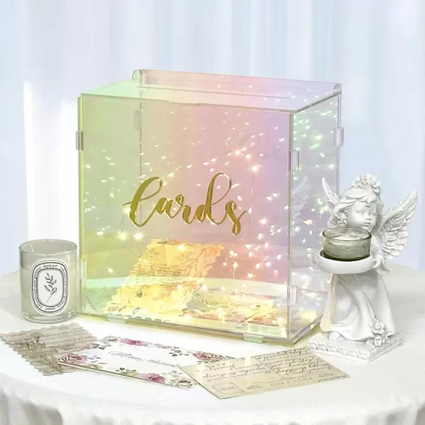 imageOurWarm Iridescent Acrylic Wedding Card Box with String Light DIY Gift Card Box for Wedding Reception Wedding Envelope Money Card Box Holder for Party Graduation Baby Shower Birthday Decorations