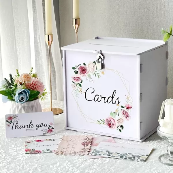 imageOurWarm PVC White Wedding Card Box with Lock DIY Gift Card Box for Wedding Reception Pink Rose Wedding Money Envelope Box for Party Graduation Birthday Baby Shower Decorations