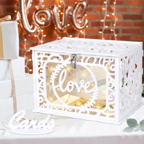 imageOurWarm White Wedding Card Box with Lock PVC Gift Card Box for Wedding Reception Eucalyptus DIY Wedding Envelope Money Card Box for Party Graduation Birthday Baby Shower DecorationsWhite Hollow