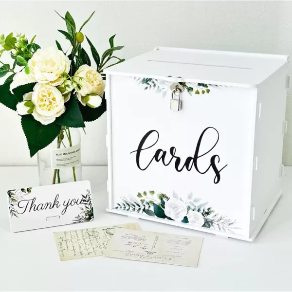 imageOurWarm White Wedding Card Box with Lock PVC Gift Card Box for Wedding Reception Eucalyptus DIY Wedding Money Envelope Card Box for Party Graduation Baby Shower Birthday DecorationsWhite