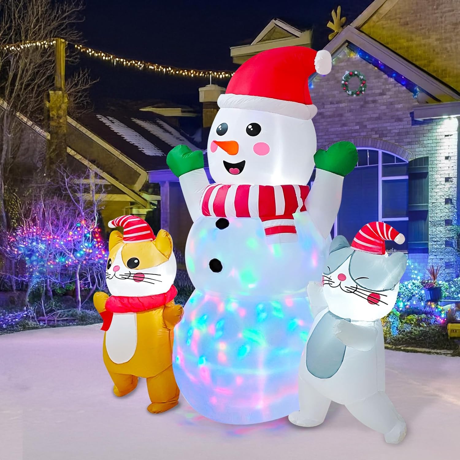 image6FT Snowman Inflatable Christmas Decorations Outdoor Christmas Blow Ups Snow Man with Cats with Colorful Rotating Led Lights for Outdoor Yard Decoration Cute Xmas Decor for Patio Garden Lawn