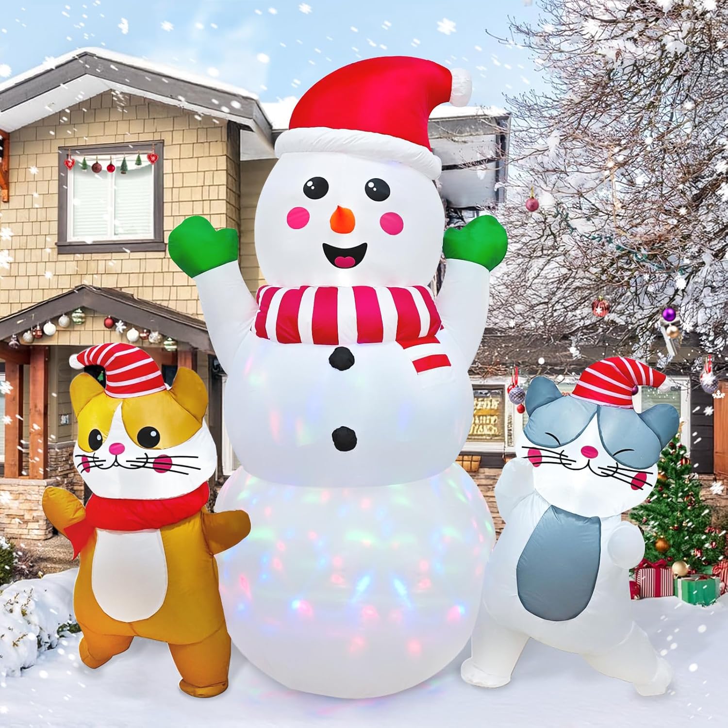 image6FT Snowman Inflatable Christmas Decorations Outdoor Christmas Blow Ups Snow Man with Cats with Colorful Rotating Led Lights for Outdoor Yard Decoration Cute Xmas Decor for Patio Garden Lawn