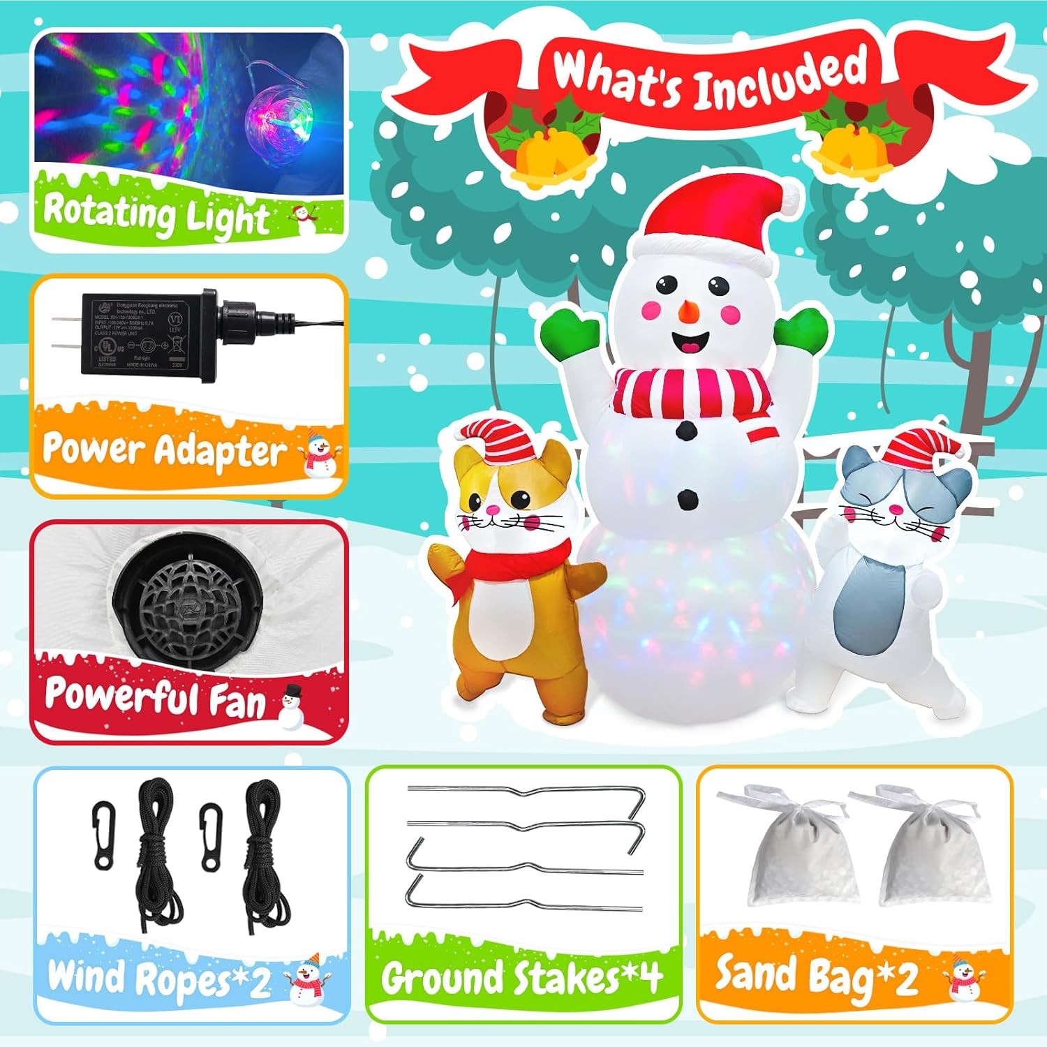 image6FT Snowman Inflatable Christmas Decorations Outdoor Christmas Blow Ups Snow Man with Cats with Colorful Rotating Led Lights for Outdoor Yard Decoration Cute Xmas Decor for Patio Garden Lawn