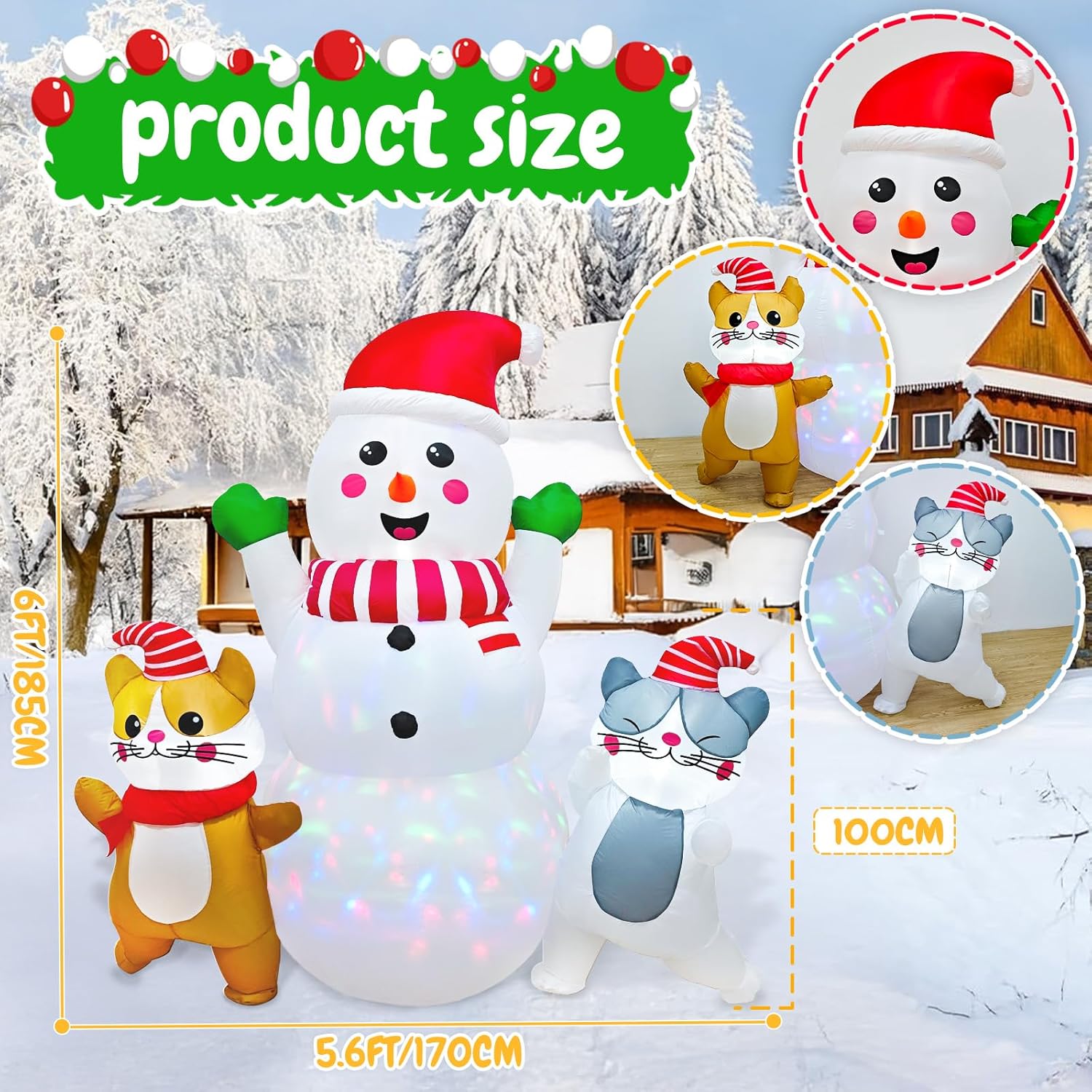 image6FT Snowman Inflatable Christmas Decorations Outdoor Christmas Blow Ups Snow Man with Cats with Colorful Rotating Led Lights for Outdoor Yard Decoration Cute Xmas Decor for Patio Garden Lawn