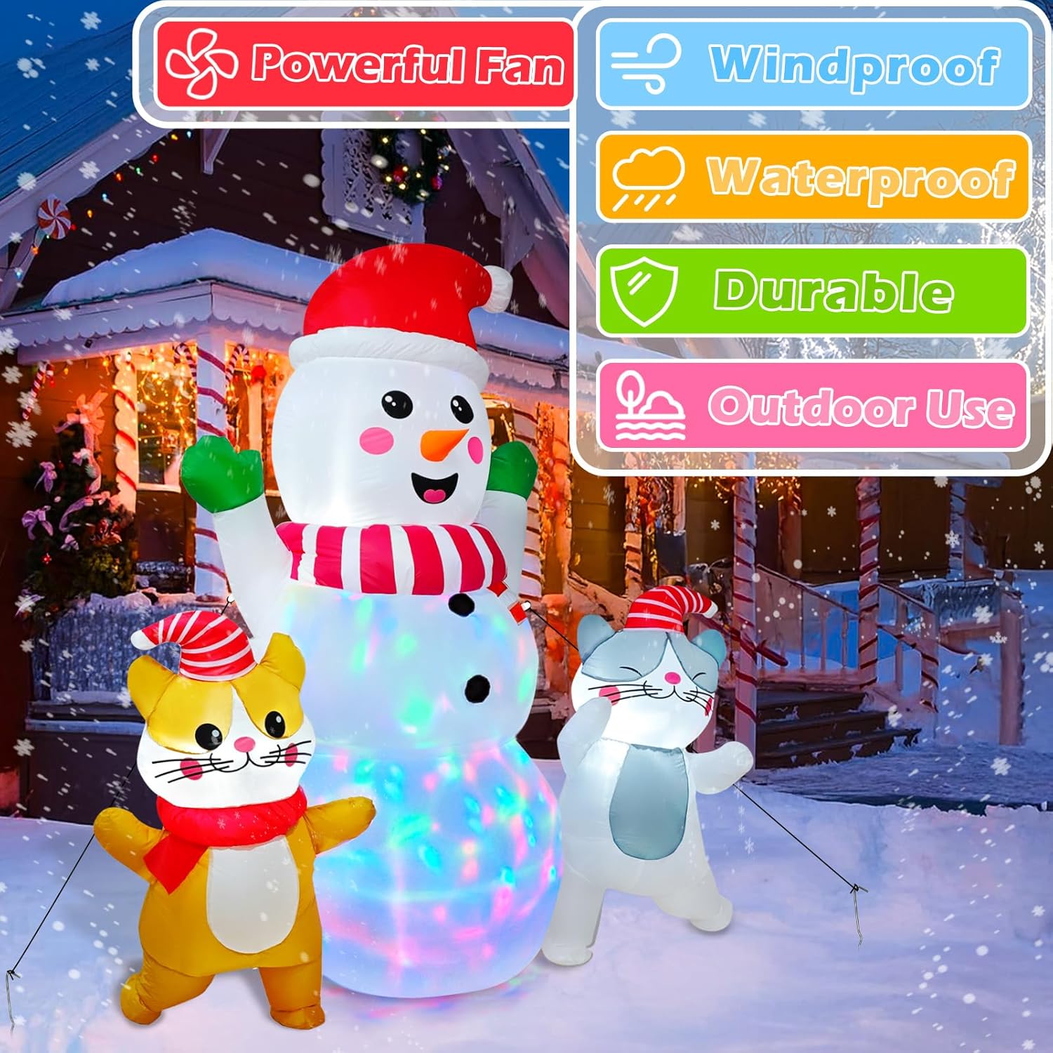 image6FT Snowman Inflatable Christmas Decorations Outdoor Christmas Blow Ups Snow Man with Cats with Colorful Rotating Led Lights for Outdoor Yard Decoration Cute Xmas Decor for Patio Garden Lawn